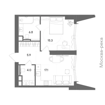 Планировка 1-комнатной квартиры 48.5 м² в ЖК СТОУН Блик