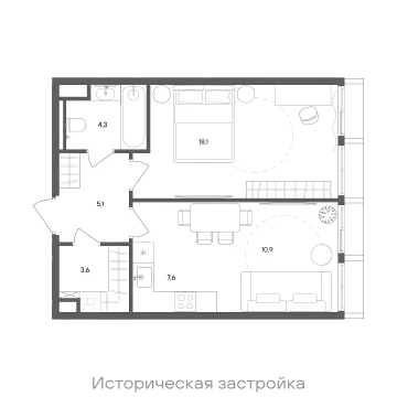 Планировка 1-комнатной квартиры 49.6 м² в ЖК "СТОУН Сокольники"