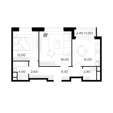 Планировка 2-комнатной квартиры 60.9 м² в ЖК Филатов Луг