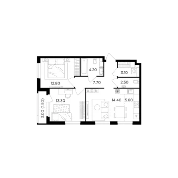 Планировка 2-комнатной квартиры 65.1 м² в ЖК Филатов Луг