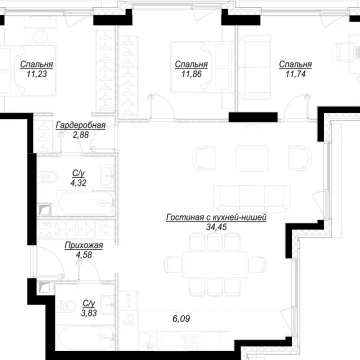 Планировка 3-комнатной квартиры 91 м² в ЖК Hide (Хайд)