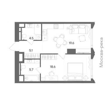 Планировка 1-комнатной квартиры 53.5 м² в ЖК СТОУН Блик