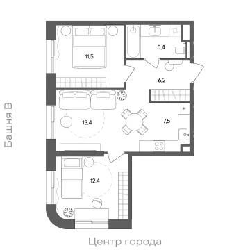 Планировка 2-комнатной квартиры 56.4 м² в ЖК "СТОУН Сокольники"