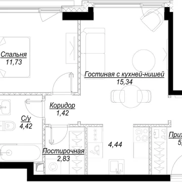 Планировка 1-комнатной квартиры 45.4 м² в ЖК Hide (Хайд)