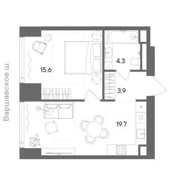 Планировка 1-комнатной квартиры 44.3 м² в ЖК СТОУН Блик