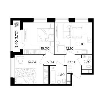 Планировка 2-комнатной квартиры 61.5 м² в ЖК Филатов Луг