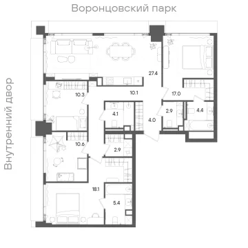 Планировка 4-комнатной квартиры 117.2 м² в ЖК «СТОУН Грэйн»