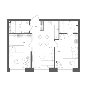 Планировка 2-комнатной квартиры 65.6 м² в ЖК СТОУН Райз