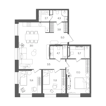 Планировка 3-комнатной квартиры 101 м² в ЖК СТОУН Райз