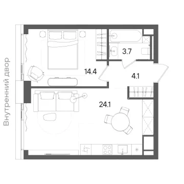 Планировка 1-комнатной квартиры 47.4 м² в ЖК «СТОУН Грэйн»