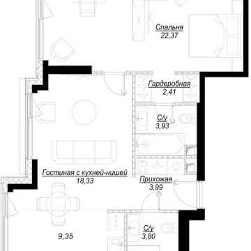 Планировка 1-комнатной квартиры 64.2 м² в ЖК Hide (Хайд)