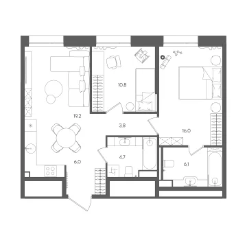Планировка 2-комнатной квартиры 66.6 м² в ЖК СТОУН Райз