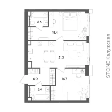 Планировка 2-комнатной квартиры 69.9 м² в ЖК «СТОУН Грэйн»