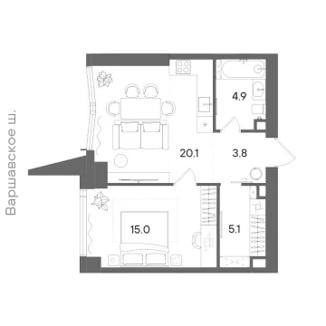 Планировка 1-комнатной квартиры 48.7 м² в ЖК СТОУН Блик