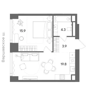 Планировка 1-комнатной квартиры 44.3 м² в ЖК СТОУН Блик