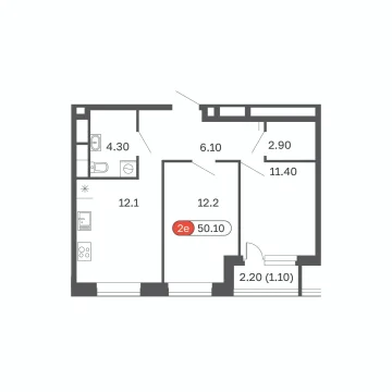 Планировка 2-комнатной квартиры 50.1 м² в ЖК Филатов Луг