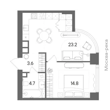 Планировка 1-комнатной квартиры 46.3 м² в ЖК СТОУН Блик