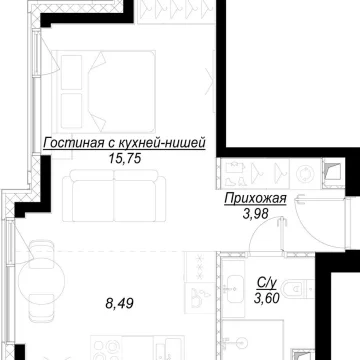 Планировка студии 31.8 м² в ЖК Hide (Хайд)