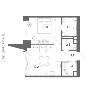 Планировка 1-комнатной квартиры 47.4 м² в ЖК СТОУН Блик