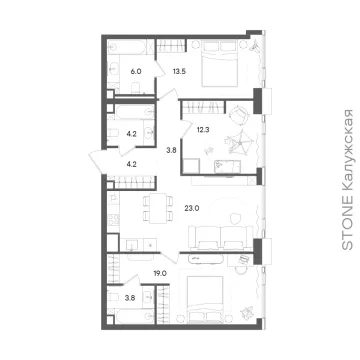 Планировка 3-комнатной квартиры 90.6 м² в ЖК «СТОУН Грэйн»