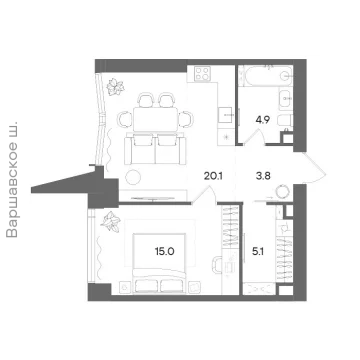 Планировка 1-комнатной квартиры 48.7 м² в ЖК СТОУН Блик