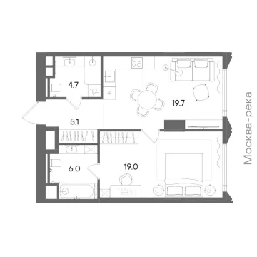 Планировка 1-комнатной квартиры 55 м² в ЖК СТОУН Блик