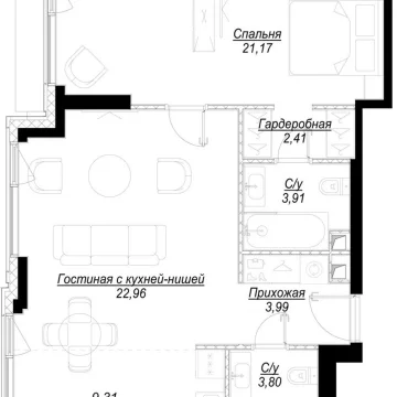 Планировка 1-комнатной квартиры 67.6 м² в ЖК Hide (Хайд)