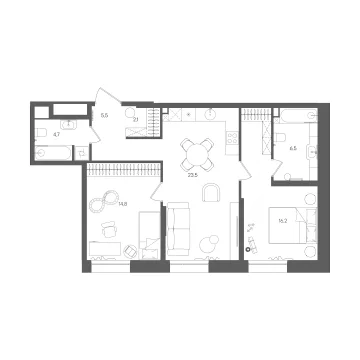 Планировка 2-комнатной квартиры 73.3 м² в ЖК СТОУН Райз
