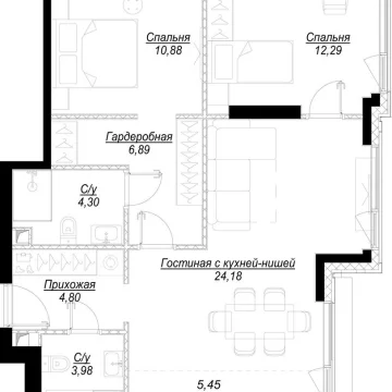 Планировка 2-комнатной квартиры 72.8 м² в ЖК Hide (Хайд)