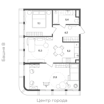 Планировка 2-комнатной квартиры 65 м² в ЖК "СТОУН Сокольники"