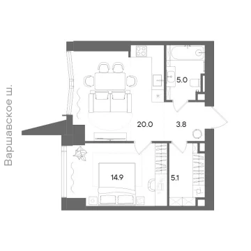 Планировка 1-комнатной квартиры 48.7 м² в ЖК СТОУН Блик