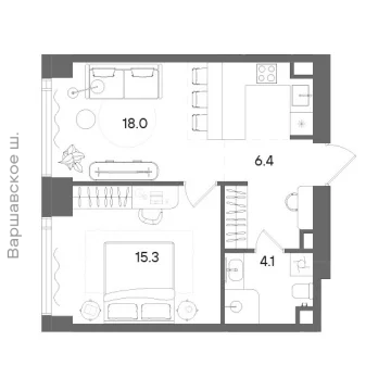Планировка 1-комнатной квартиры 43.8 м² в ЖК СТОУН Блик