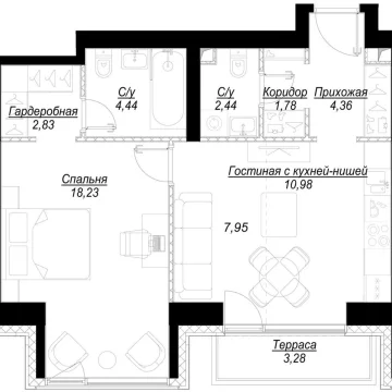 Планировка 1-комнатной квартиры 54 м² в ЖК Hide (Хайд)