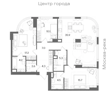 Планировка 4-комнатной квартиры 106.8 м² в ЖК СТОУН Блик