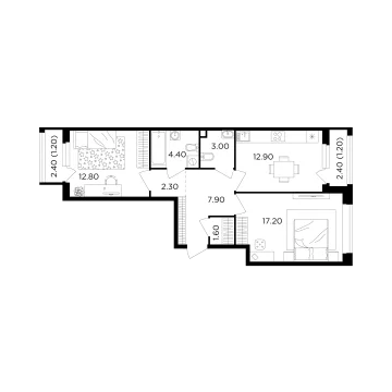 Планировка 2-комнатной квартиры 64.5 м² в ЖК Филатов Луг