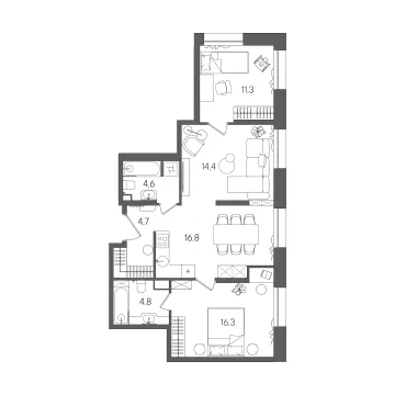 Планировка 3-комнатной квартиры 72.9 м² в ЖК СТОУН Райз