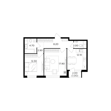 Планировка 2-комнатной квартиры 61.1 м² в ЖК Филатов Луг