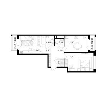 Планировка 2-комнатной квартиры 63.6 м² в ЖК Филатов Луг