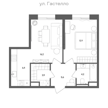Планировка 2-комнатной квартиры 49.2 м² в ЖК "СТОУН Сокольники"